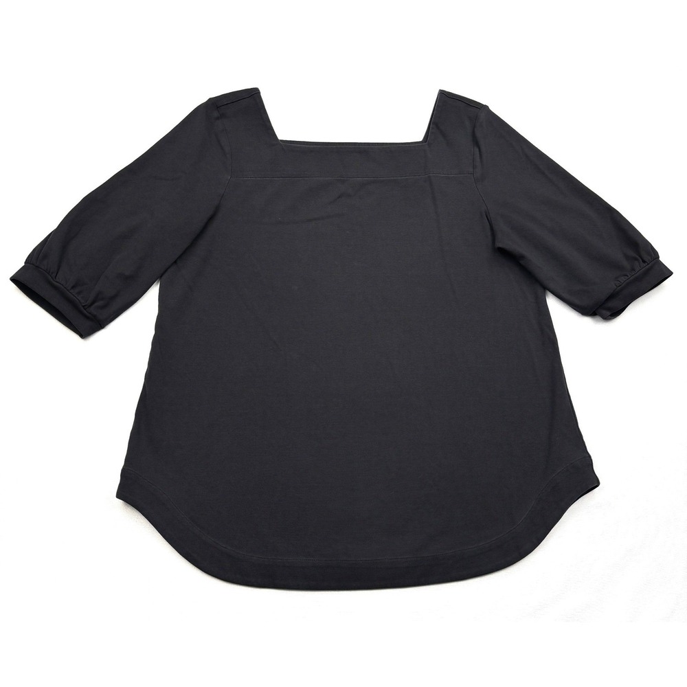 Ann Taylor Top Womens Medium Black Square Neck Elbow Sleeve Stretch Knit Blouse
